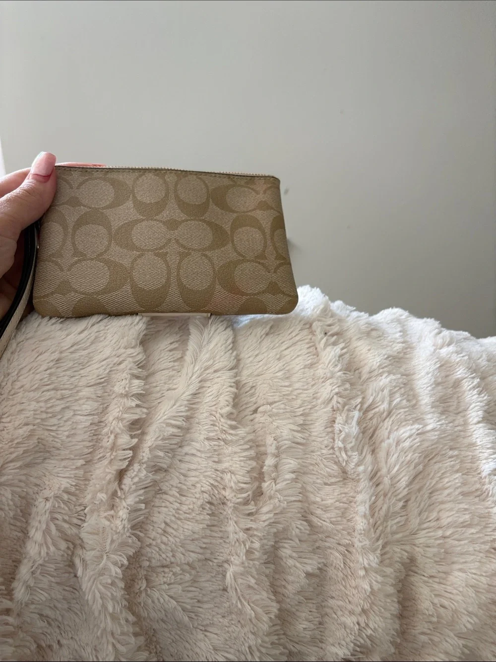 Coach Beige Signature Canvas Wristlet with Cream Center Panel